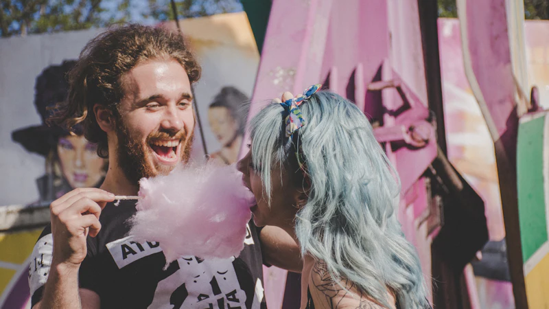 Couple laughing while sharing pink candy floss at the fair