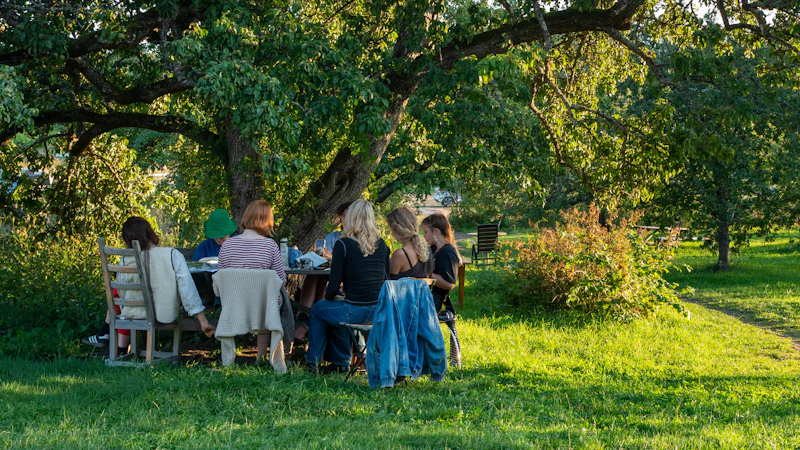 Family gathered round a long table beneath a garden tree in evening sun